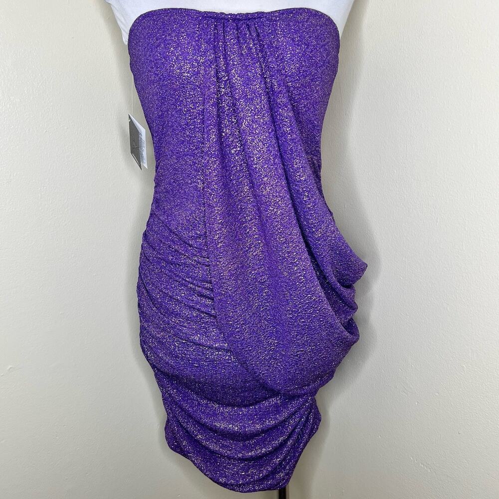 Area Stars Mini Dress Medium Womens Purple Metallic Drape Strapless Party Ruched
